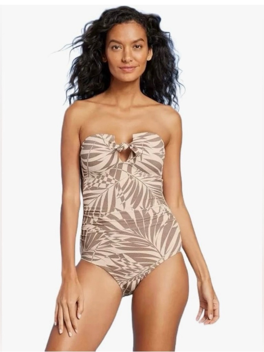 Kona Sol Strapless One-Piece Swimsuit in Beige and Taupe Leaf Print